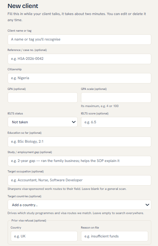 The New client form with citizenship, GPA, IELTS and target country fields
