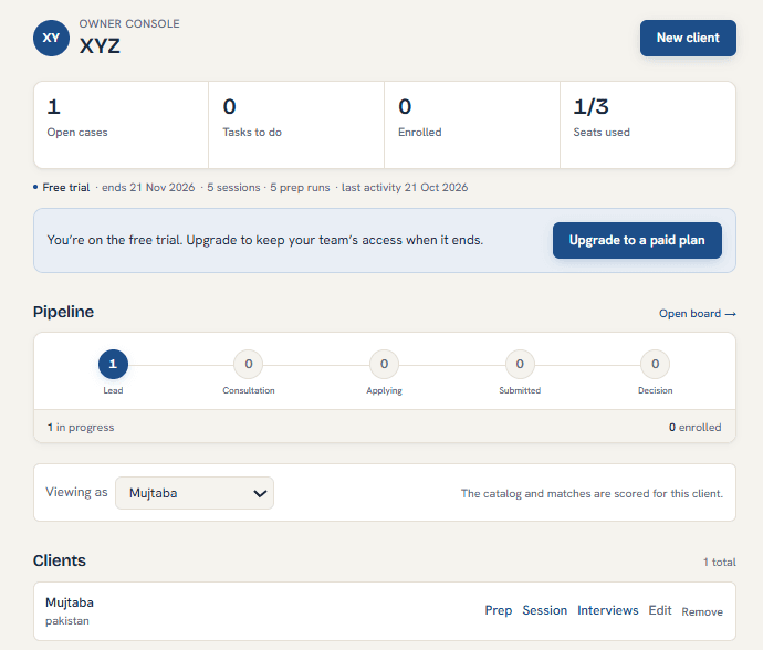 The agency console: New client button, the numbers band, pipeline, Viewing as and the client list