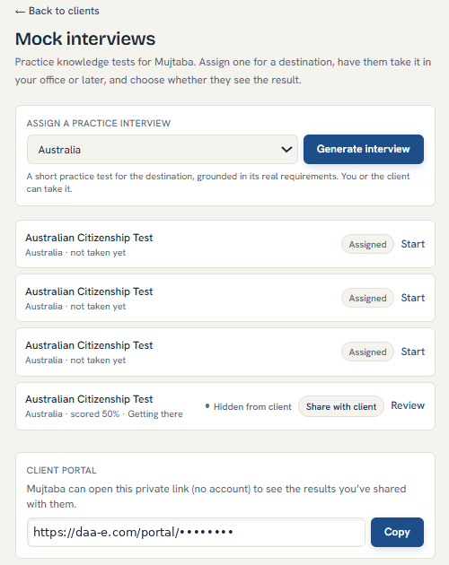 The Mock interviews page: pick a country, Generate interview, then Start, Review or Share with client