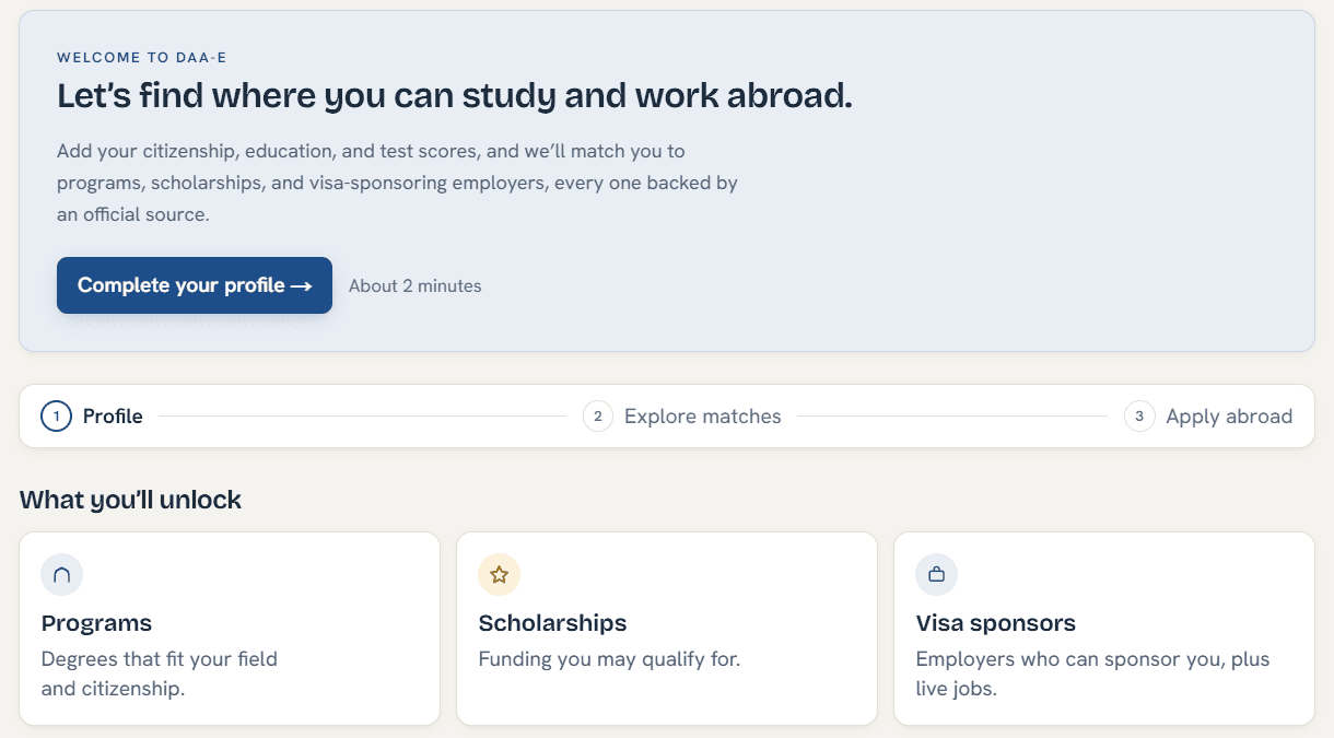 The student dashboard with the Complete your profile button