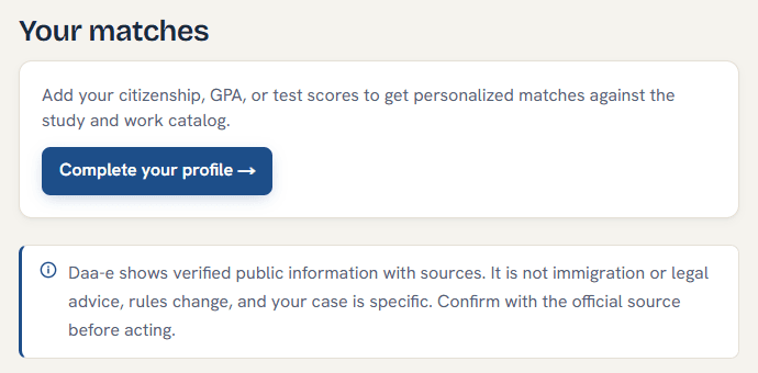 The matches page, asking for a profile before it can score
